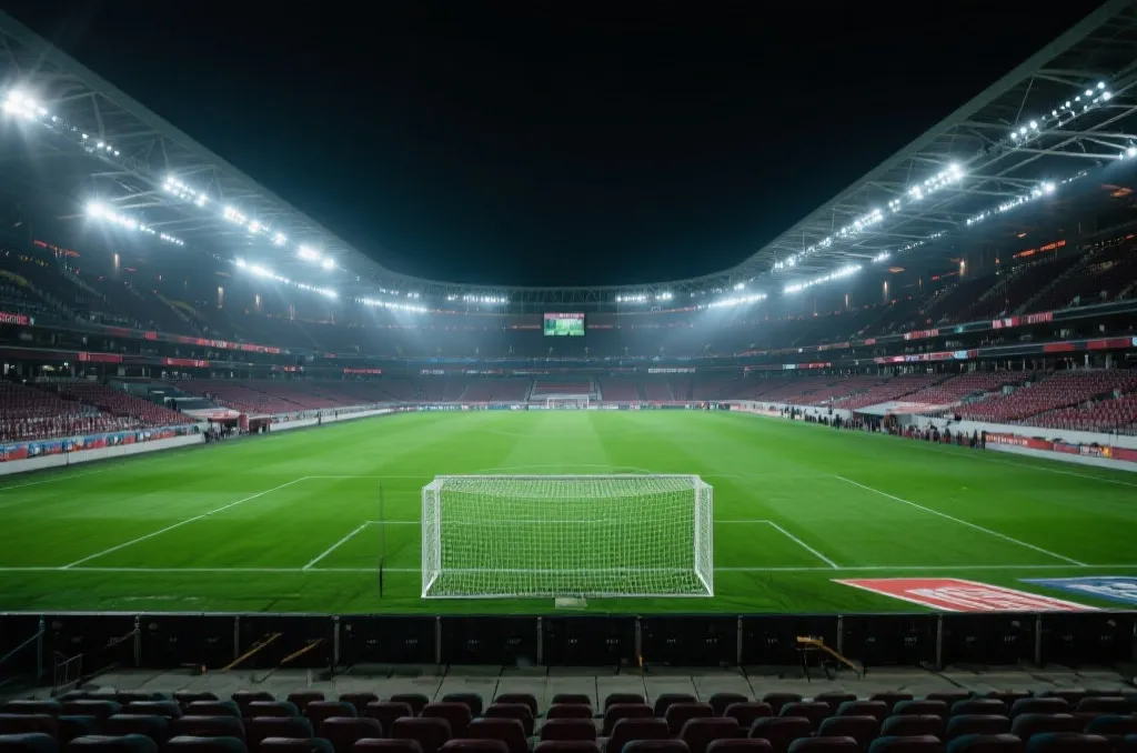 vibrant modern football stadium under bright lights, empty pitch, cinematic atmosphere