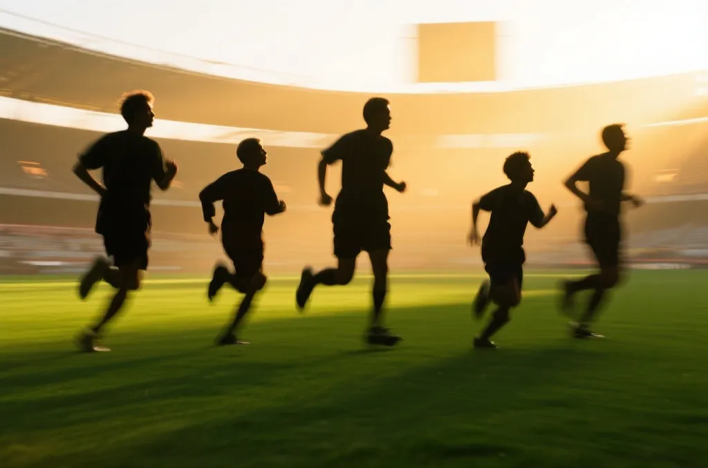 Silhouettes of dynamic young and veteran soccer players on a glowing green field with golden hour lighting