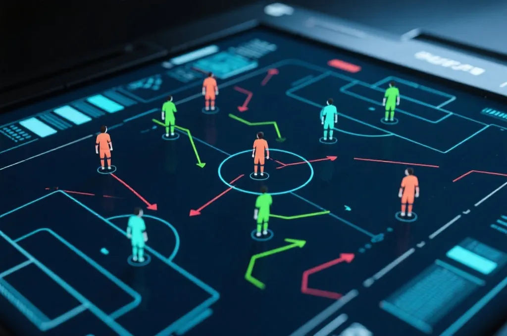 A modern digital soccer tactics board showing player positions and movement vectors, high tech analytical interface