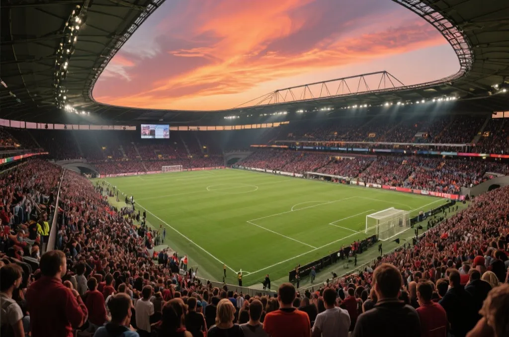 A wide angle shot of a massive modern soccer stadium under a dramatic sunset sky, filled with passionate fans