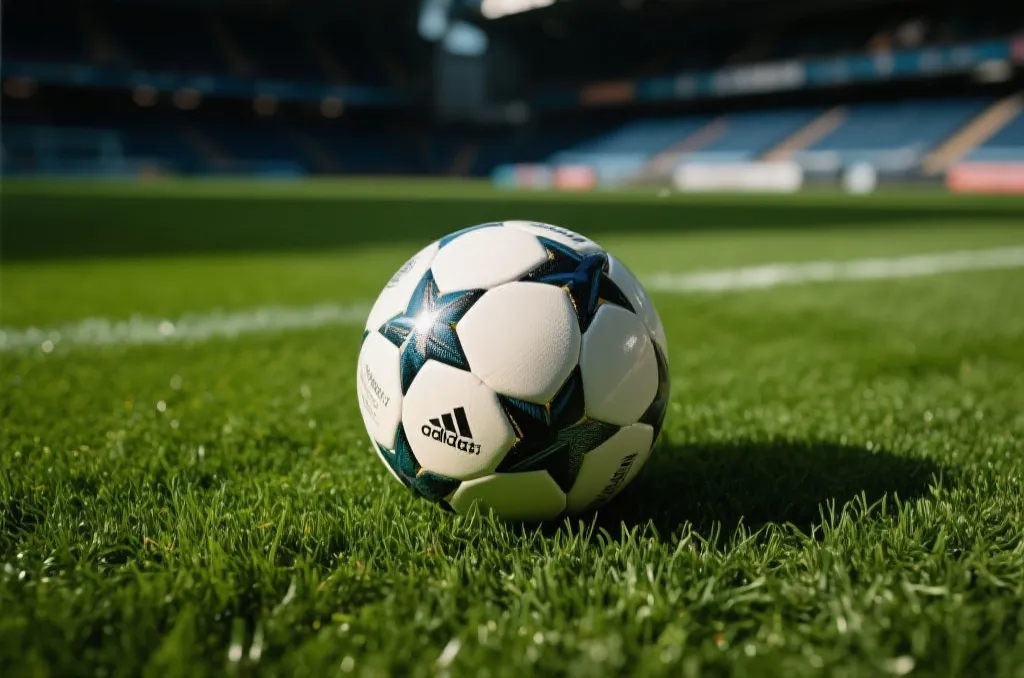 A close-up of a professional soccer ball resting on the vibrant green grass of a stadium field