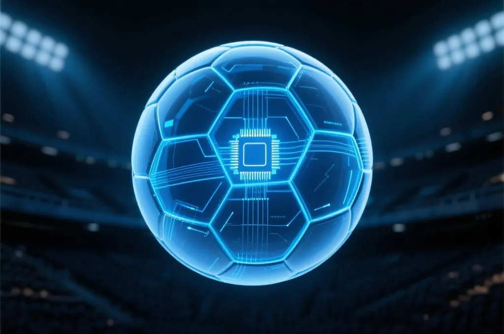 A 3D translucent soccer ball floating in a dark stadium, glowing blue light and digital laser lines showing an internal microchip sensor, abstract technology design, editorial style